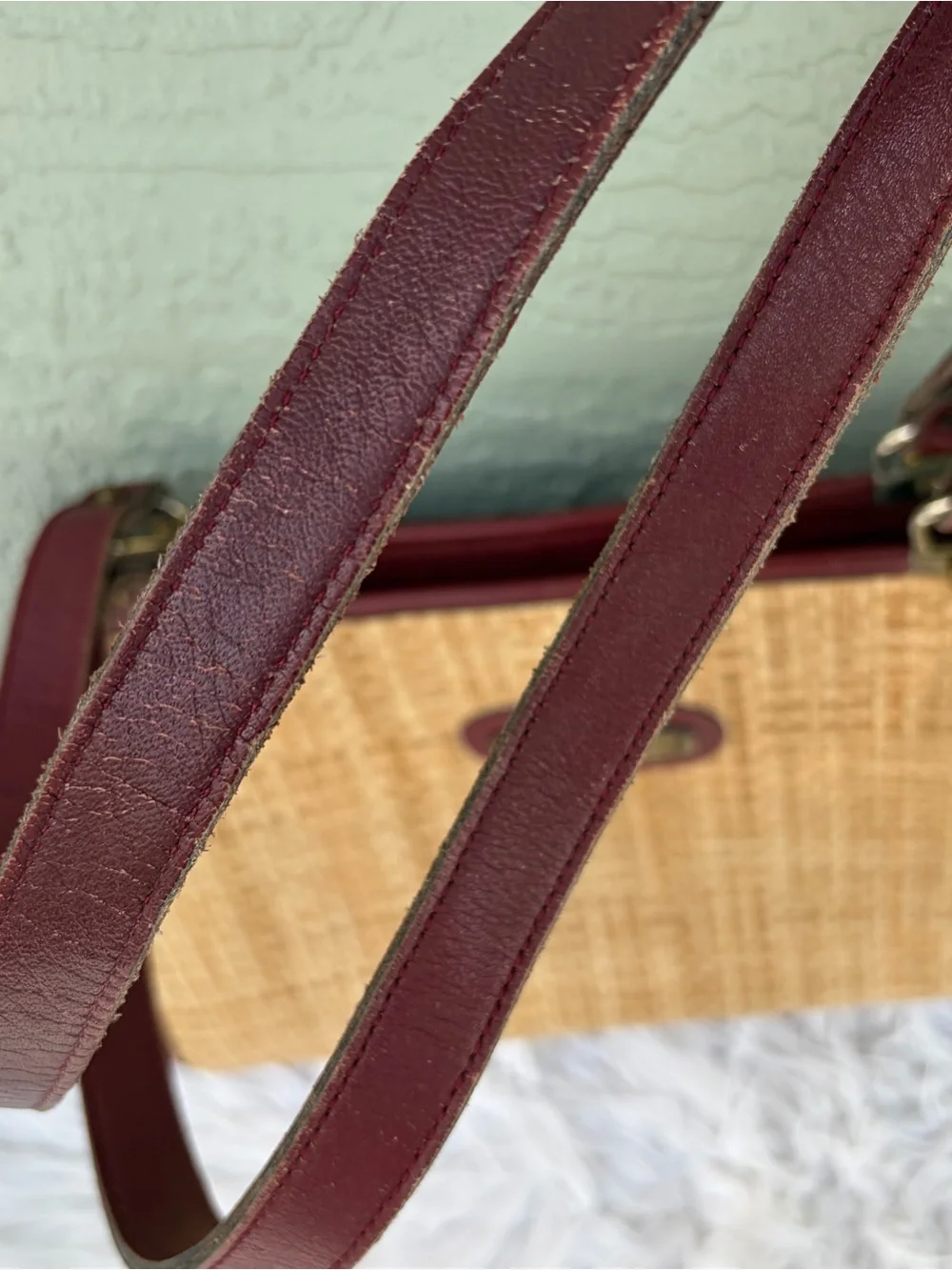 Vintage Etienne Aigner Natural Straw Shoulder Bag with Burgundy Trim - Picture 9 of 11